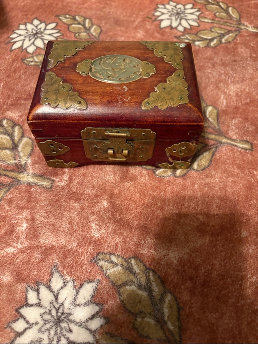 Vintage Handcrafted Chinese Wooden Jewelry Box with Brass Accents - Brown